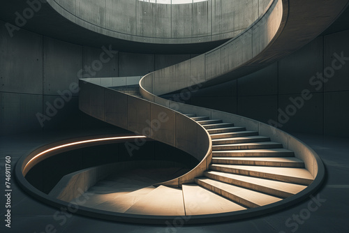  Modern concrete architecture interior with curved staircase. 