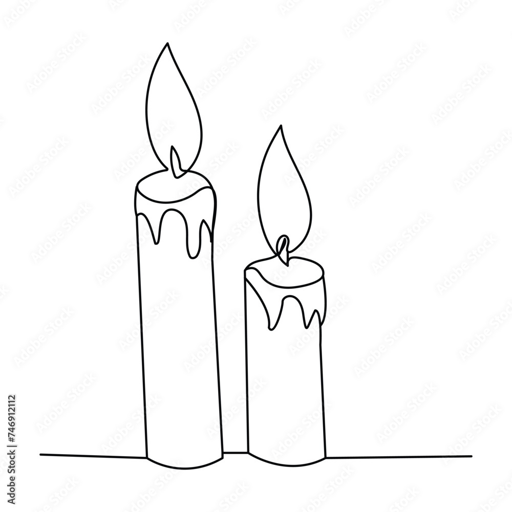 Burning fire candle continuous one line drawing vector isolated on white. Vector illustration