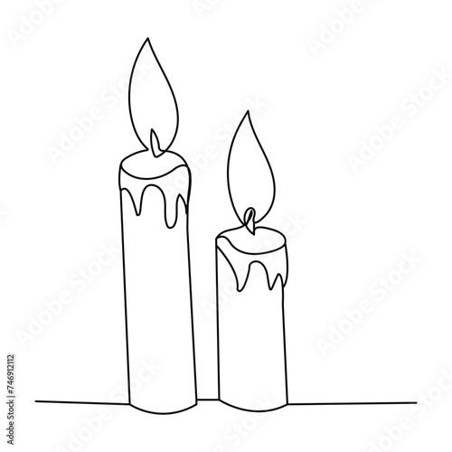 Burning fire candle continuous one line drawing vector isolated on white. Vector illustration