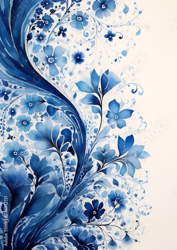 blue white floral design swirls flowers princess liquid peacock feathers printed page oil hydrogen wall djinn