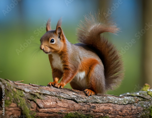 Red squirrel percehd on the end of log with a blue/green background. Taken in the Cairngorms National Park, Scotland.