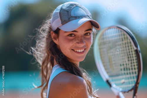 Brunette woman in tennis player activewear doing exercise, sport workout © Aris