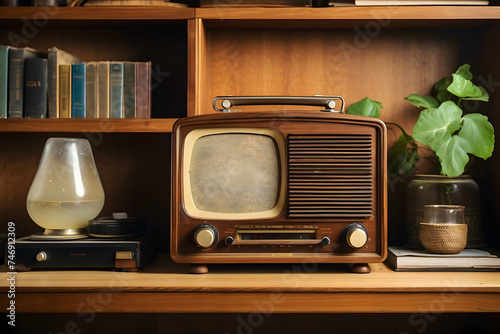 an old school radio sits on wooden shelf with old school vibes