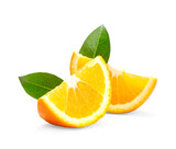 Fresh orange slice with orange leaves on desk, healthy and juicy organic tropical delight, PNG transparency with shadow