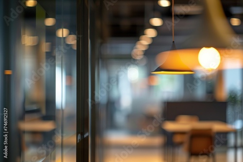 Blur interior inside modern office building, natural rim light. Generative AI.