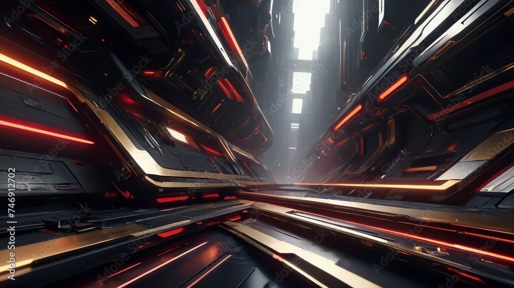 Fototapeta premium Futuristic sci fi background with black, red, and gold colors