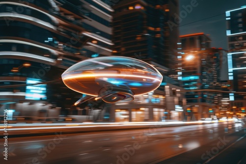 Metallic UFO reflective flying over the city at high speed. Generative AI.