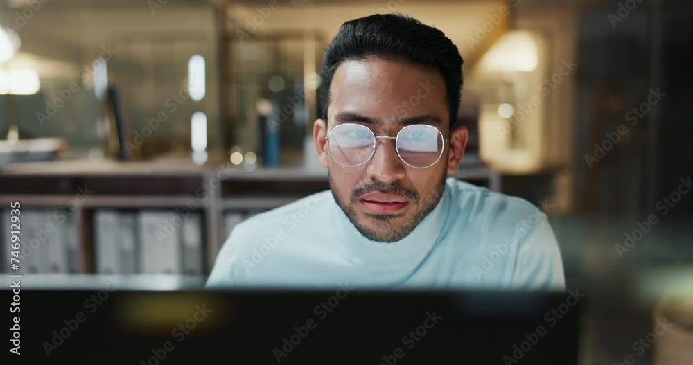 Businessman, night and computer for networking and glasses, reading report and working overtime. Asian male person, planning and research on internet, website and info for deadline on reflection