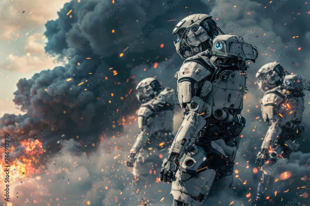 Robots destroying the world. Ai androids at world war, fire and destruction. Concept of apocalypse. AI Generated Robots destroying the world. Ai androids at world war, fire and destruction. Concept of apocalypse. AI Generated