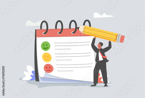 Feedback and review concept set. Collection of characters giving positive feedback and filling survey form. Rating scale