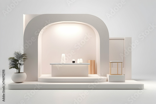 Minimal exhibition booth on white background. Exhibition mockup template. Promotion center 