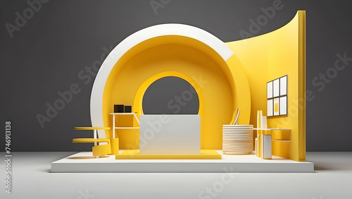 3d rendering of minimalist yellow exhibition stand on white background