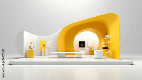 3d rendering of minimalist yellow exhibition stand on white background