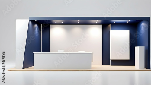 3d rendering of minimalist navy exhibition stand on white background