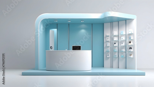 Minimal light blue exhibition booth on white background. Exhibition mockup template. Promotion center	