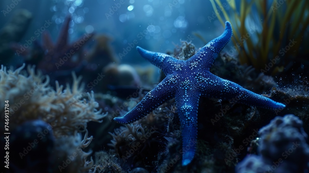 A vibrant blue starfish rests peacefully on a colorful coral reef, its five arms outstretched like graceful dancers A vibrant blue starfish rests peacefully on a colorful coral reef, its five arms outstretched like graceful dancers