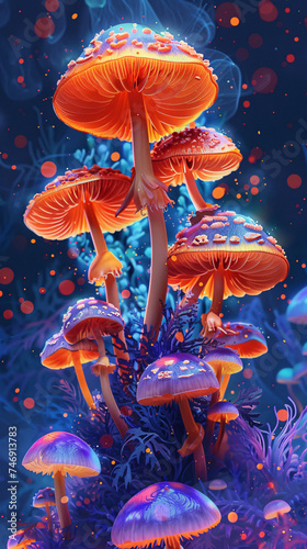 Mushrooms Illuminated in Vibrant Neon Colors  Set Against a Dark Background.