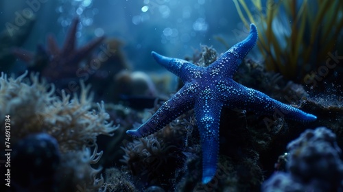A vibrant blue starfish rests peacefully on a colorful coral reef, its five arms outstretched like graceful dancers © kamonrat