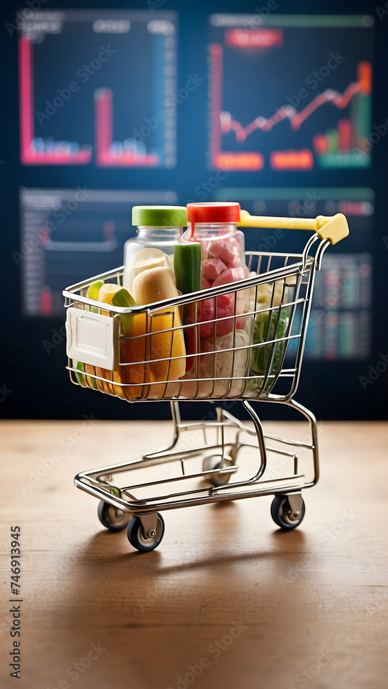 miniature trolley filled with groceries against screen showing financial charts (17).jpg, miniature trolley filled with groceries against screen showing financial charts