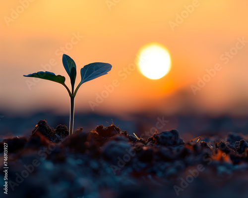 Seedling growing from soil against a sunset backdrop, symbolizing new beginnings, New Life, World Environment Day and Earth Day. photo