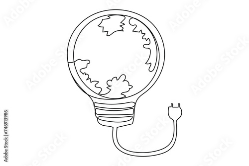 Continuous one line Earth globe inside lightbulb and earth hour outline vector art illustration. Isolated on white background vector illustration Premium vector