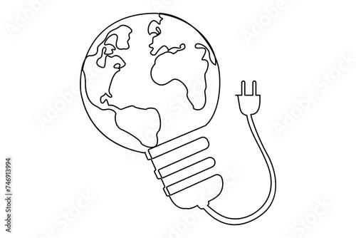 Continuous one line Earth globe inside lightbulb and earth hour outline vector art illustration. Isolated on white background vector illustration Premium vector