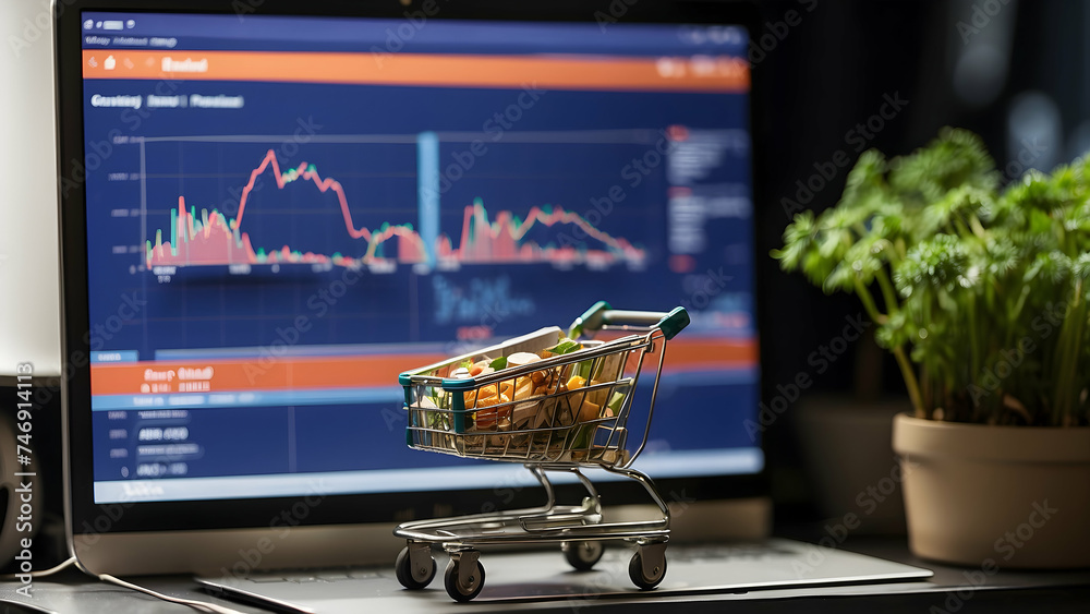 miniature trolley filled with groceries against screen showing financial charts (17).jpg, miniature trolley filled with groceries against screen showing financial charts - obrazy, fototapety, plakaty 