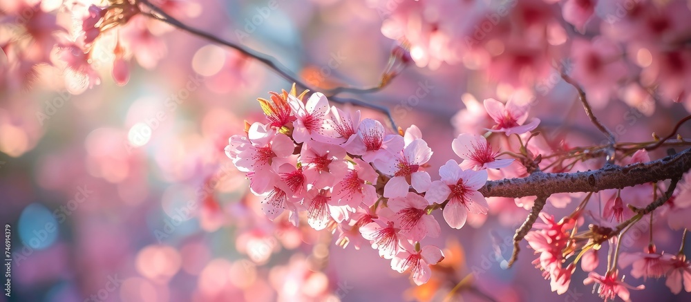 Spring Blossoms: Delicate Pink Flowers on a Branch, Nature's Beauty in Full Bloom