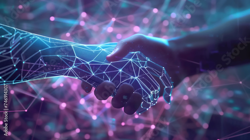 Digital smart contract handshake with glowing network connections. Online agreements and cyber partnerships.