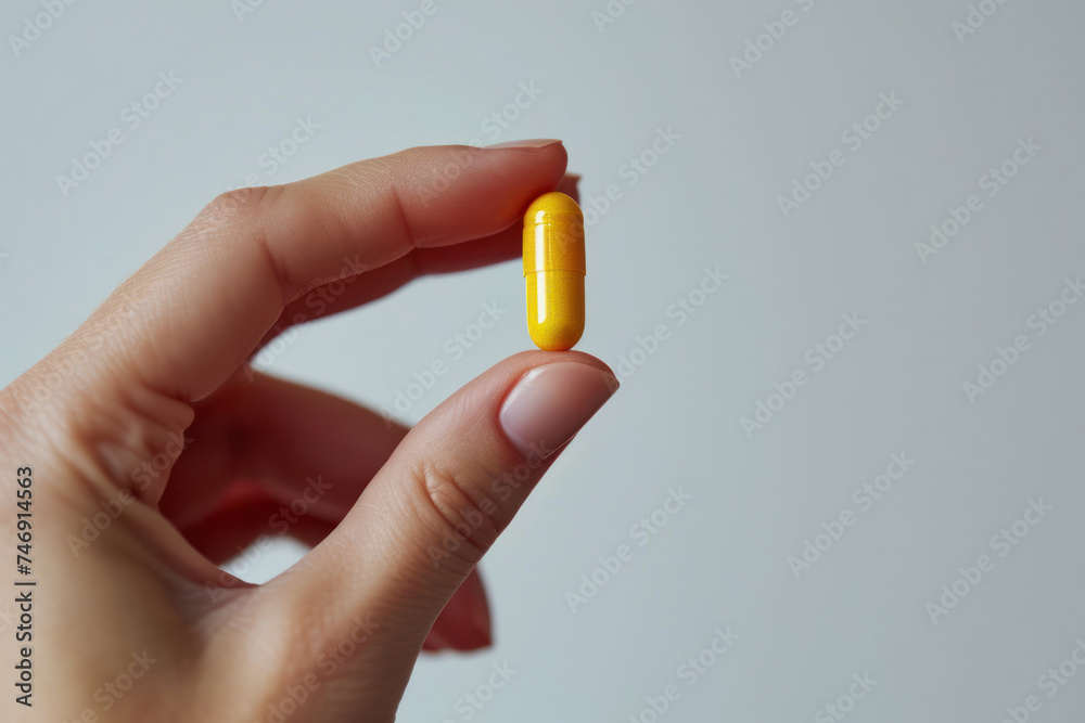 Hand holding yellow pill, healthcare: medicine, antibiotic, supplement Hand holding yellow pill, healthcare: medicine, antibiotic, supplement