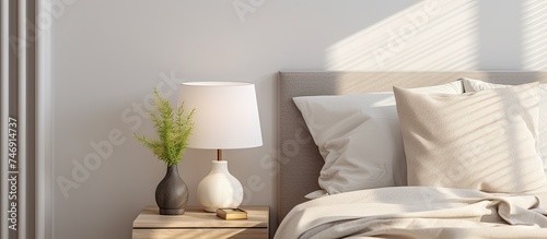 A modern bedroom featuring a bed with soft pillows and a blanket, a nightstand with an empty surface, a stylish reading lamp, and a USB socket. Sunlight creates shadows in the cozy interior design of photo
