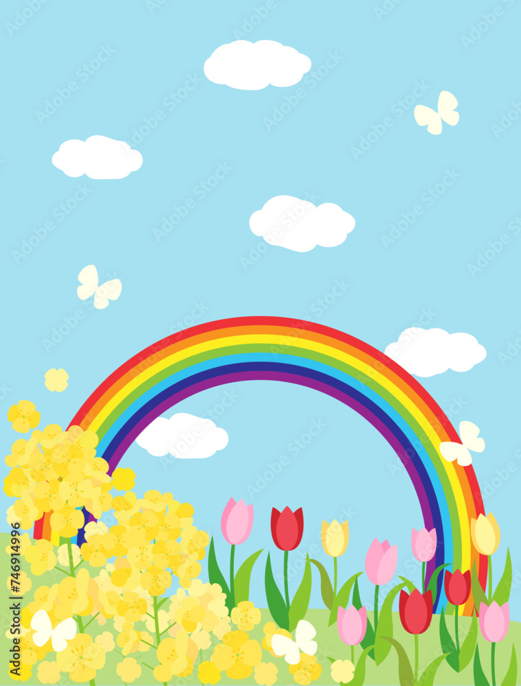 菜の花とチューリップと青空と虹の春の丘のカード　縦型バージョン