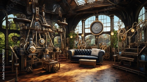 Interior design of a steampunk home, wallpaper format.