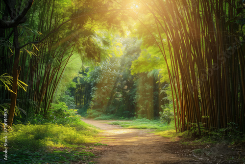 A serene bamboo forest with shafts of sunlight piercing through the dense canopy