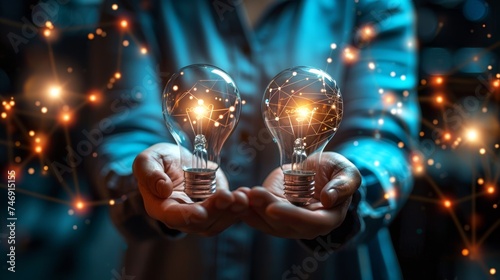 Hands gently holding two light bulbs with glowing network graphics, illustrating the concept of connected ideas and digital innovation.