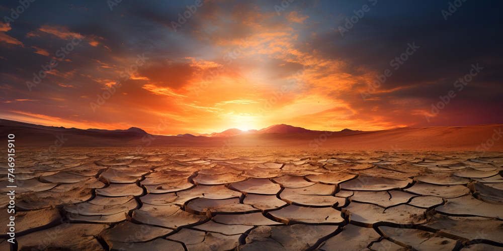 Dry cracked earth contrasting with a dramatic sky filled with billowing clouds arid land and sunset sky background - obrazy, fototapety, plakaty 