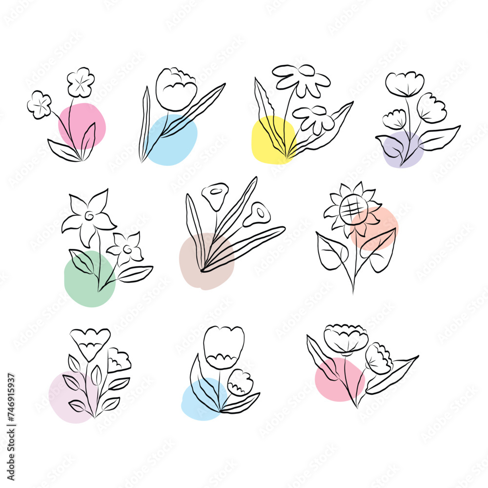 Botanical linear flower set. Abstract creative floral collection, minimalist flowery art for print, tattoo. Vector illustration