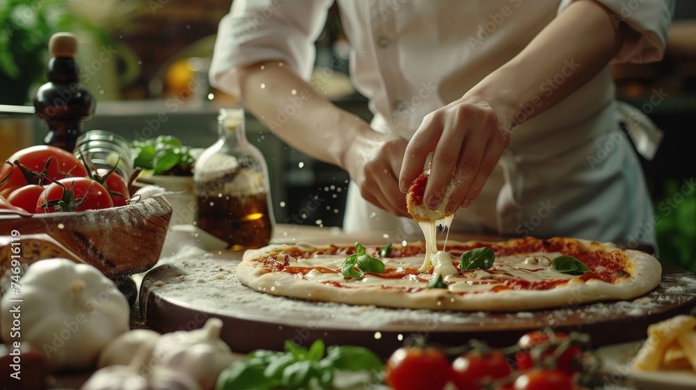 In Restaurant Professional Female Chef Preparing Pizza, Adding Ingredients, Special Sauce, Cheese, Traditional Family Recipe. Authentic Italian Pizzeria, Cooking Organic Food