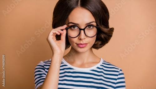 Close up serious facial expression lady wearing casual outfit clothes adjusting eyewear isolated color shine pastel bright background copy space