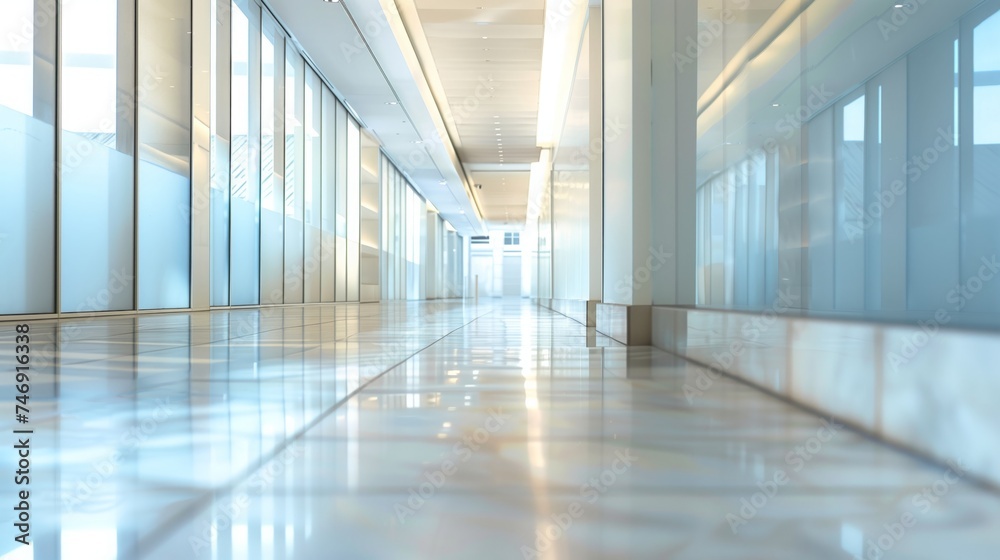 Fototapeta premium Modern Corporate Hallway with Reflective Marble Floors and Natural Light