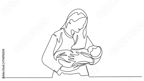Mother holding newborn her child, Concept happy family one line continuous vector illustration