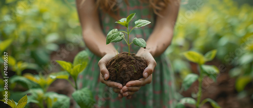 Woman holding plant buds in hands, Arbor Day, esg, ecological protection, soil and buds