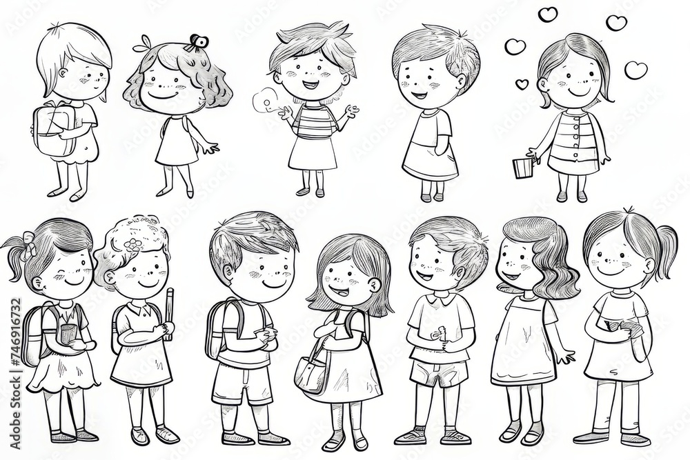 Cartoon cute doodles of children practicing good manners and kindness towards each other in kindergarten, Generative AI Cartoon cute doodles of children practicing good manners and kindness towards each other in kindergarten, Generative AI