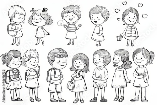 Cartoon cute doodles of children practicing good manners and kindness towards each other in kindergarten, Generative AI