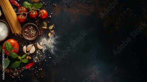 Italian food and ingredients background with, tomatos, garlic, salt, pepper, basil, pasta and spices. Top view, view from above. Copy space. Dark background.