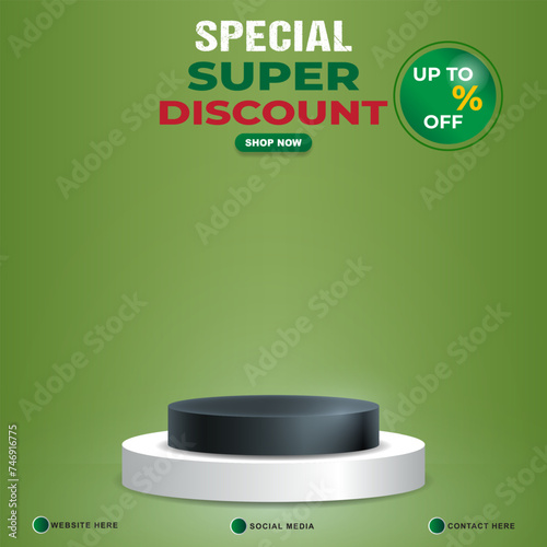special super discount sale template banner with copy space 3d podium for product sale with abstract gradient green background design