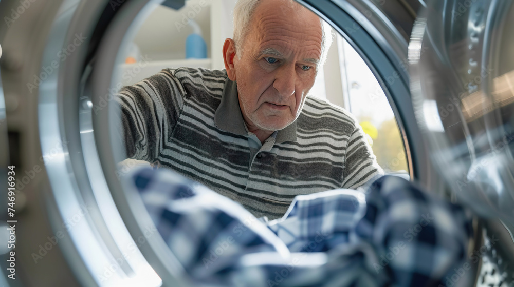 Senior man taking laundry out of washing machine at home