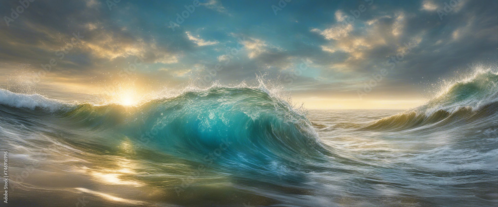 Obraz premium Landscape of ocean wave against a cloudy sky sunset
