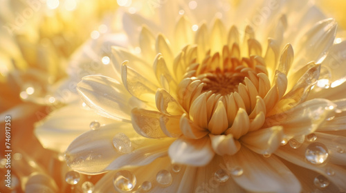 Beautiful close-up of blooming yellow white Chrysanthemum Flower Petals Sparkling dewdrops on bright background morning rays natural lighting golden light created with Generative AI Technology