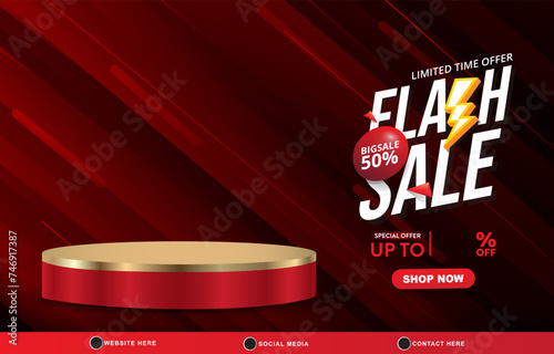 limited flash sale discount template banner with blank space 3d podium for product sale with abstract gradient red background design